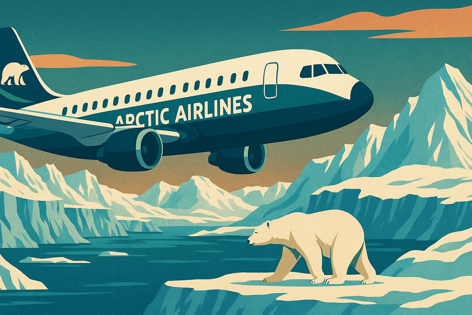 Arctic Airlines aircraft flying above glaciers and a polar bear