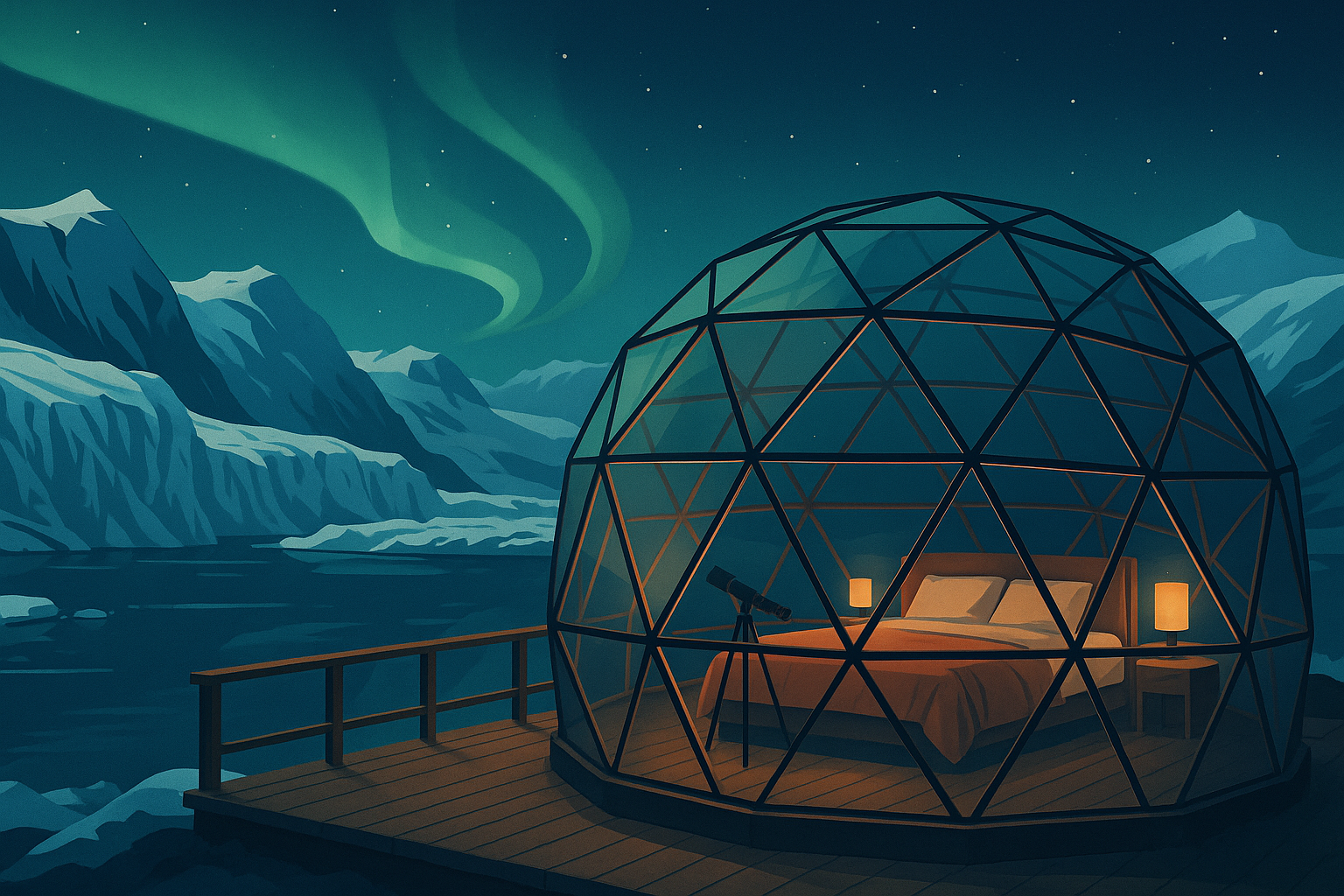 Glass SkyLodge dome overlooking glaciers beneath the Northern Lights